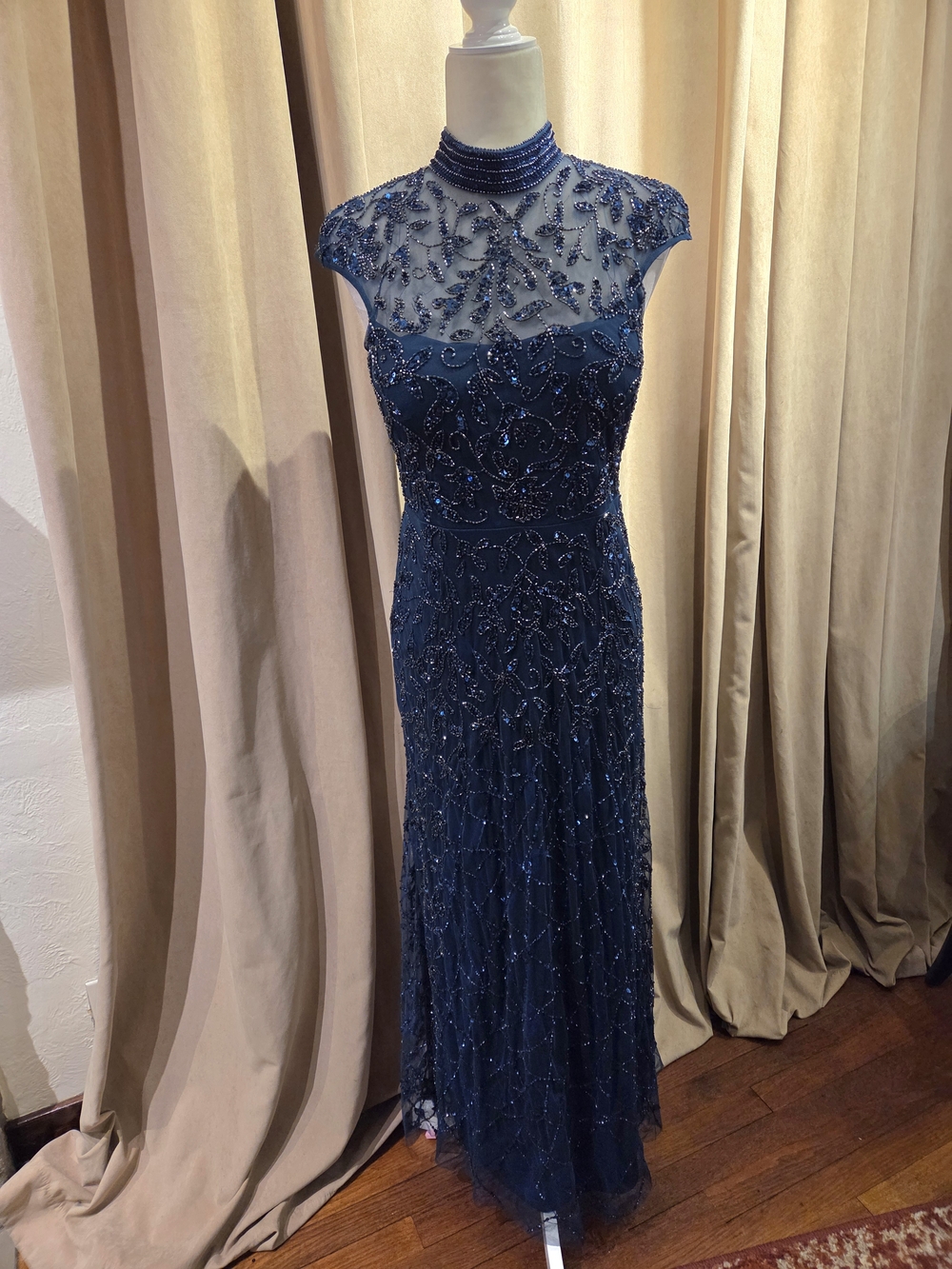Adrianna Papell  Blue Beaded Cap-Sleeve Maxi Gown